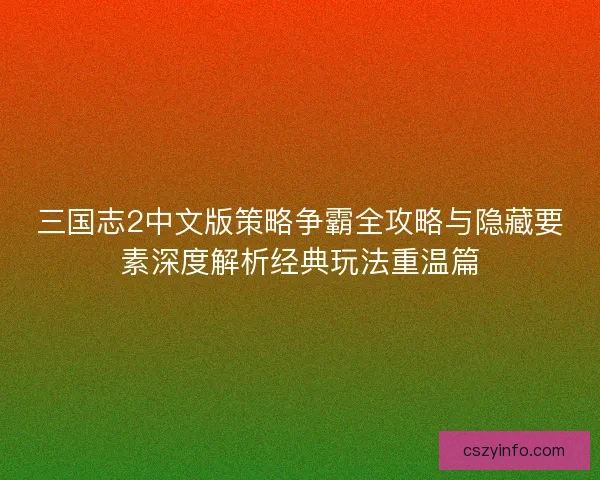 三国志2中文版策略争霸全攻略与隐藏要素深度解析经典玩法重温篇